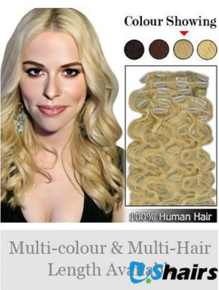 Designed Blonde Wavy Remy Human Hair Clip In Hair Extensions