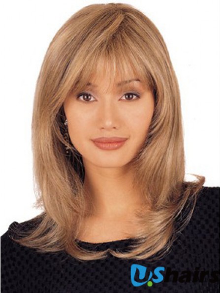 Straight Human Hair Lace Wigs Shoulder Length Blonde Color Layered Cut