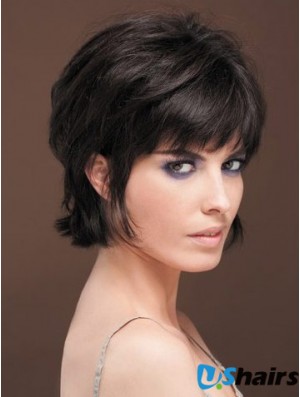 Naturally Straight Human Hair Wig With Bangs Capless Short Length Black Color