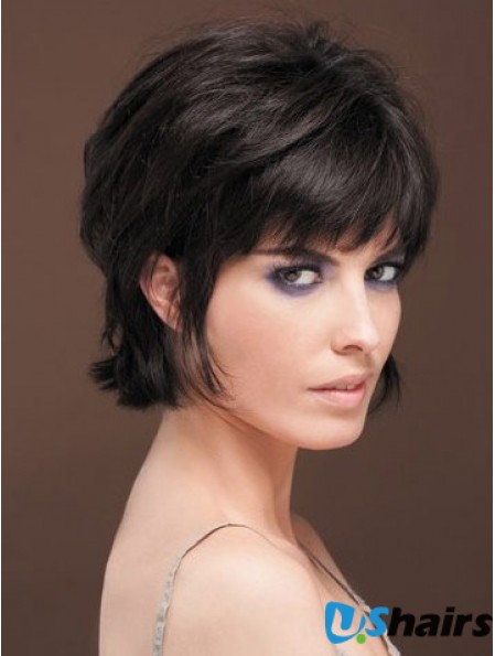 Naturally Straight Human Hair Wig With Bangs Capless Short Length Black Color