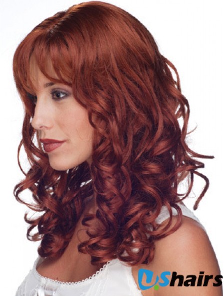 16 inch Red Remy Human Curly Long With Bangs Monofilament Wig Sale UK