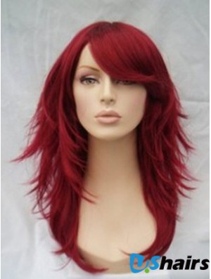 Red Human Hair Wigs Full Wig With Bangs Wavy Style Shoulder Length