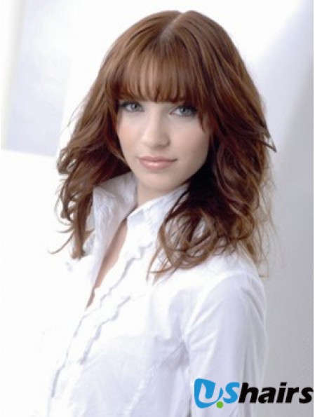 Wavy Human Hair Wig Medium Auburn Color Shoulder Length With Bangs