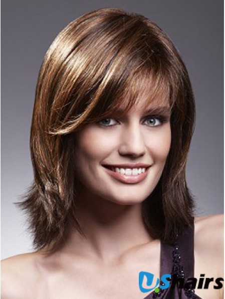 Lace Front Wigs With Bangs Brown Color Shoulder Length