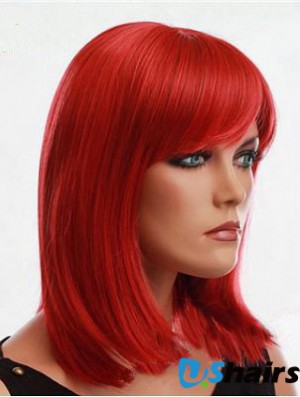 Human Hair Red Wig With Bangs Capless Red Color Straight Style