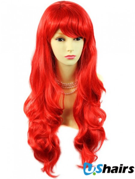 Human Hair Wigs Red With Bangs Capless Wavy Style Long Length