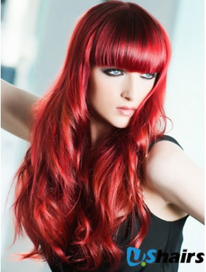 Capless Wavy 22 inch With Bangs Long Red Human Hair