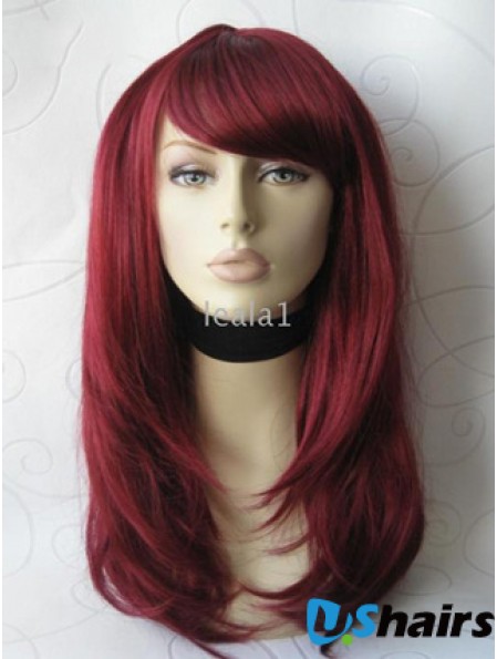 Front Lace Wig With Bangs Long Length Straight Style Red Color