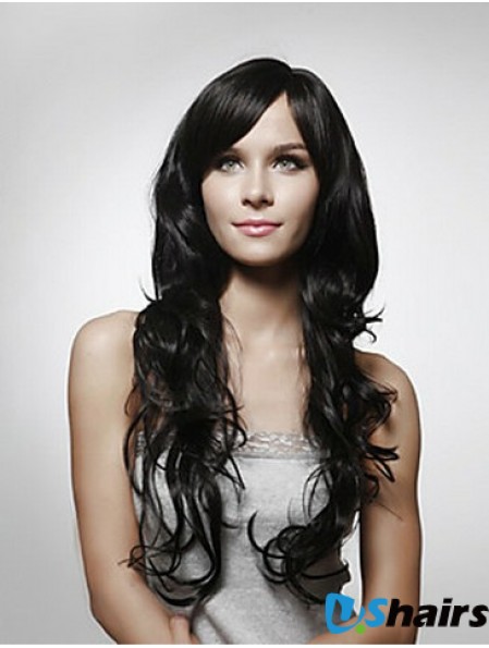 Long Curly Human Hair Wigs Layered Cut Black Color