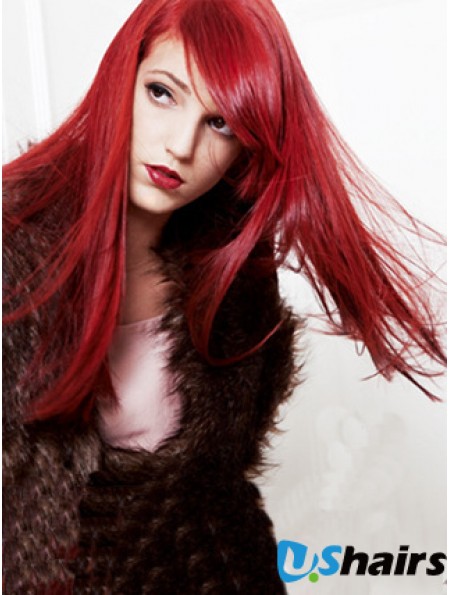 20 inch Straight Capless With Bangs Human Hair Long Red Wig