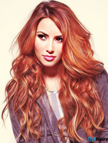 Without Bangs Long Copper Wavy 22 inch Flexibility Human Hair Demi Lovato Wigs