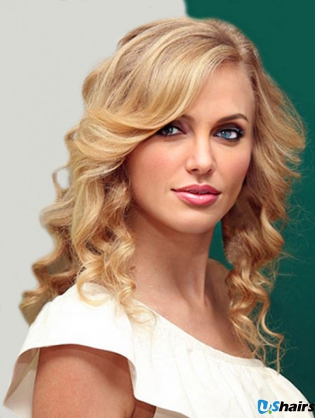 100% Hand-tied With Bangs Wavy Shoulder Length Blonde Suitable  Wigs