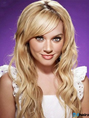 With Bangs Top Wavy Blonde Long Human Hair Lace Front Wigs