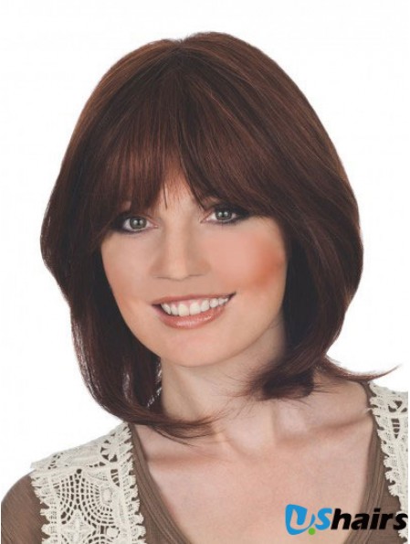 Suitable 12 inch Auburn Chin Length With Bangs Straight Lace Wigs