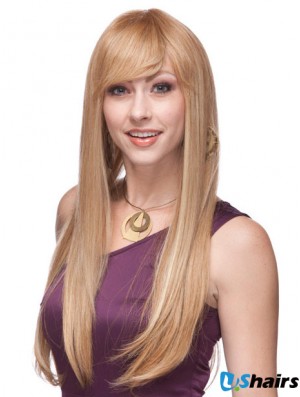 Straight With Bangs Monofilament Blonde Top Long Wigs