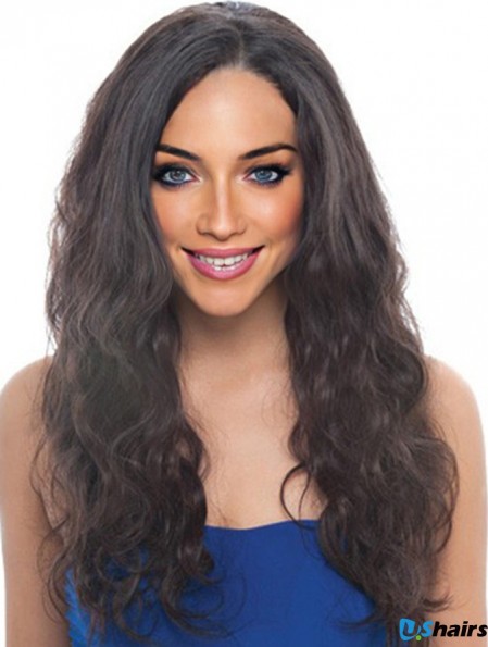 24 inch Black Long Without Bangs Wavy Discount Lace Wigs