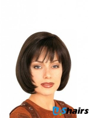 With Bangs Durable Straight Brown Chin Length Human Hair Wigs