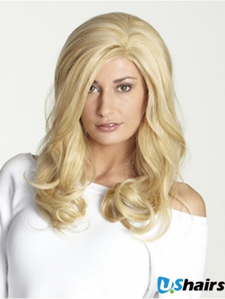 Without Bangs Long Blonde Wavy 18 inch Perfect Human Hair Wigs