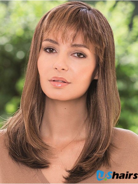 16 inch Brown Shoulder Length With Bangs Straight Stylish Lace Wigs