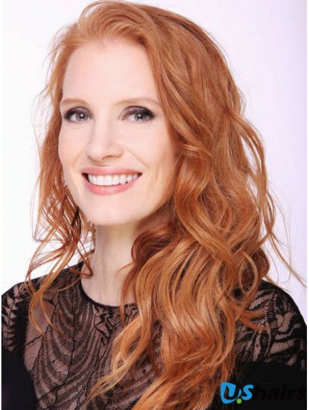 Without Bangs Long Copper Wavy 20 inch Top Human Hair Jessica Chastain Wigs