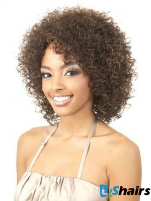 Amazing Brown Shoulder Length Without Bangs Curly Glueless Lace Front Wigs