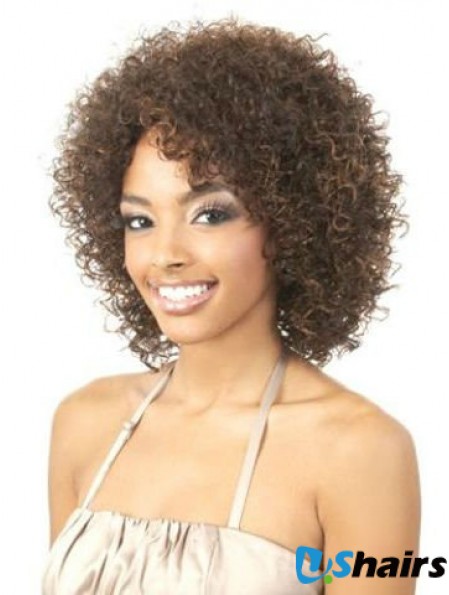 Amazing Brown Shoulder Length Without Bangs Curly Glueless Lace Front Wigs