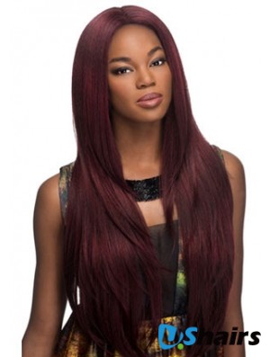 Suitable Red Long Without Bangs Yaki Glueless Lace Front Wigs