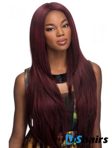 Suitable Red Long Without Bangs Yaki Glueless Lace Front Wigs