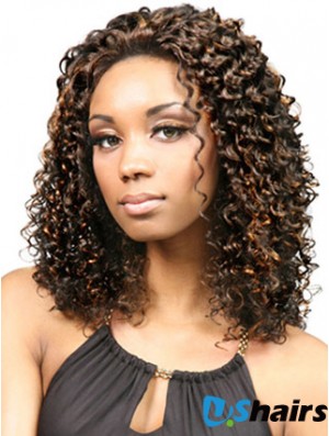 Durable Shoulder Length Kinky 18 inch Synthetic Glueless Lace Front Wigs