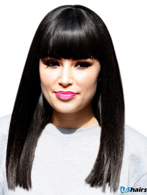 16 inch Designed Black Long Yaki With Bangs  Wigs