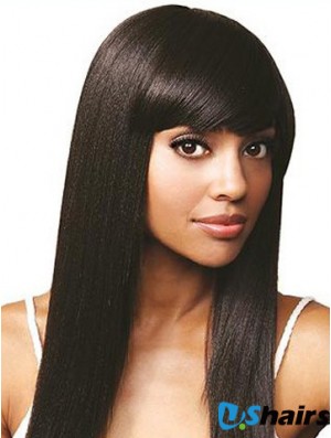 With Bangs Online Straight Black Long Human Hair Lace Front Wigs