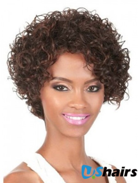 Chin Length Brown Curly With Bangs Natural African American Wigs