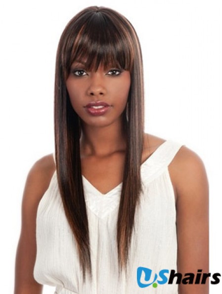 Long Brown Yaki With Bangs Fashionable African American Wigs