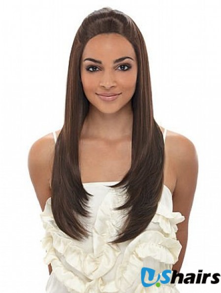 Long Brown Straight Without Bangs Fashionable African American Wigs