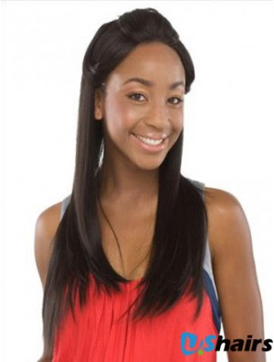 Without Bangs Sleek Straight Black Long Human Hair Lace Front Wigs