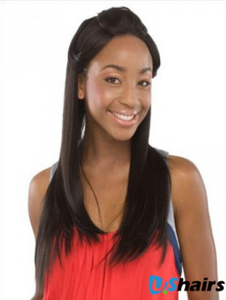 Without Bangs Sleek Straight Black Long Human Hair Lace Front Wigs