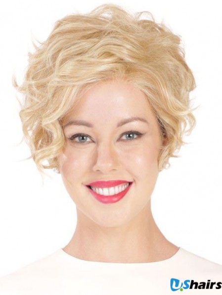 Synthetic Flexibility Cropped Blonde Curly Monofilament Wigs