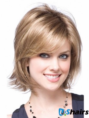 Synthetic With Capless Chin Length Blonde Color Layered Cut