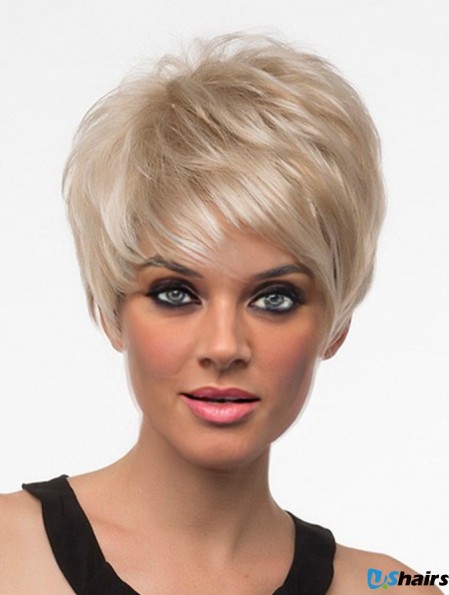 Short Synthetic Wigs With Bangs Blonde Color Straight Style