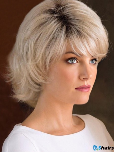 Capless 8 inch Wavy Blonde With Bangs Wigs For Women