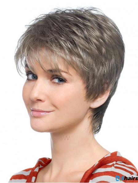 Grey Wig With Capless Synthetic Straight Style Short Length Grey Cut