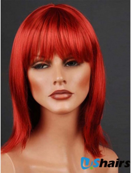 Synthetic Lacefront Wig Monofilament Straight Style Red Color With Bangs