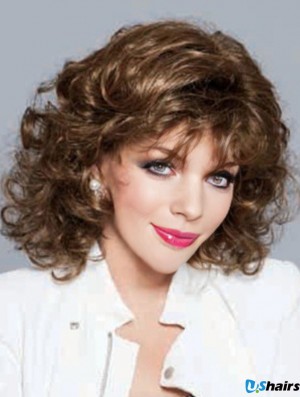 No-Fuss Brown Shoulder Length Curly With Bangs Lace Front Wigs