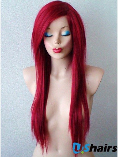 Red Synthetic Lace Wigs UK Red Color Straight Style With Bangs