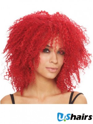 Kinky With Bangs Shoulder Length Red Style Lace Front Wigs