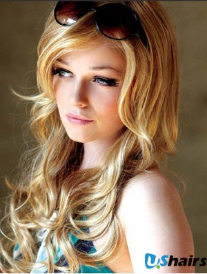 22 inch Wavy With Bangs Monofilament Blonde Suitable Long Wigs