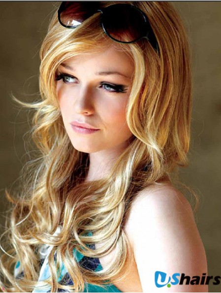 22 inch Wavy With Bangs Monofilament Blonde Suitable Long Wigs