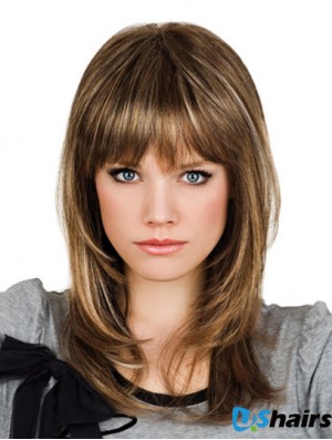 Brown Shoulder Length Wavy With Bangs 14 inch Suitable Medium Wigs