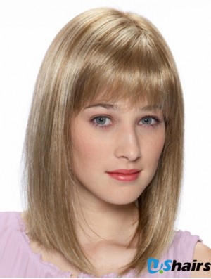 Blonde Shoulder Length Straight With Bangs 14 inch Cheap Medium Wigs