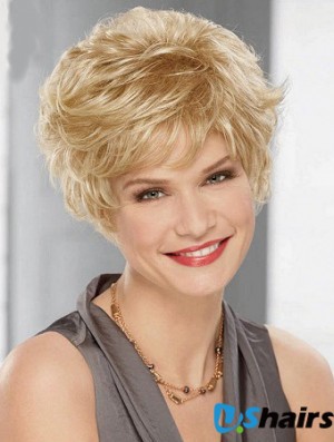 Cheap Synthetic Blonde Color Layered Cut Wavy Style